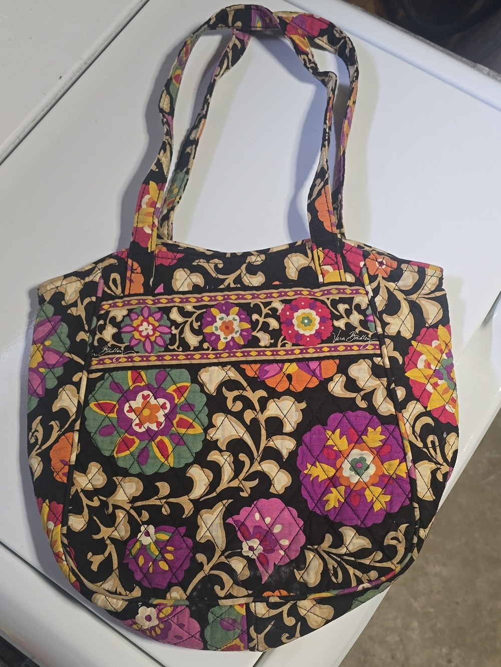 Vera Bradley Black Quilted Floral Tote with Pink, Purple and Orange Accents